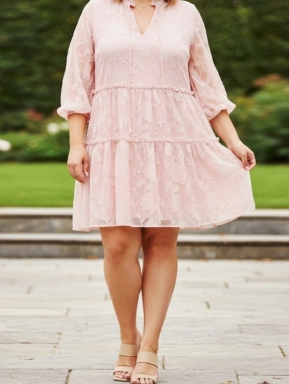 Eloquii Mini Pink Chiffon Tiered Ruffle Dress with Bow Neck Long Sleeve Boho
